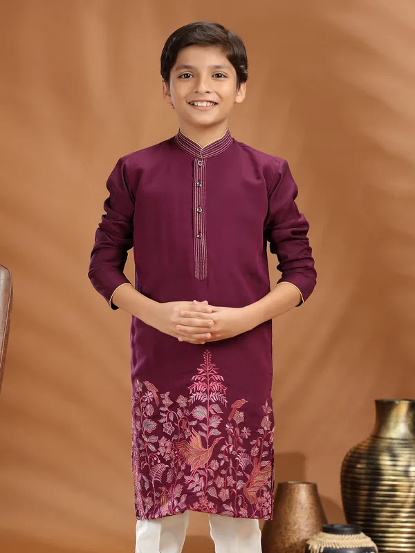 Wine cotton silk kurta suit for festive