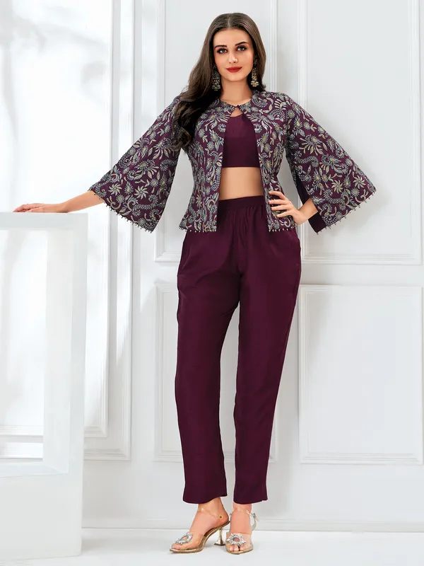 Wine dola silk salwar suit with jacket