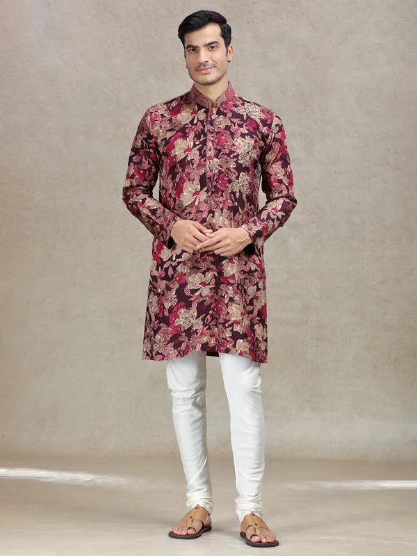 Wine elegant sophistication printed kurta set for men