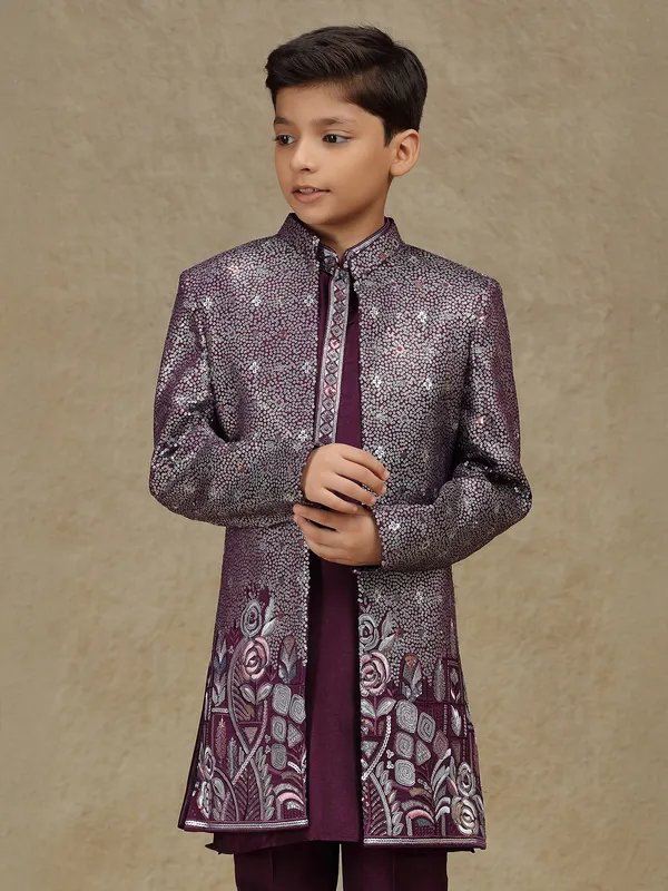 Wine embroidered silk indowestern for boys