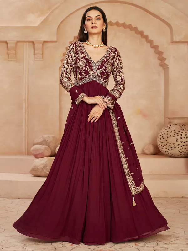 Wine georgette anarkali suit with dupatta for women