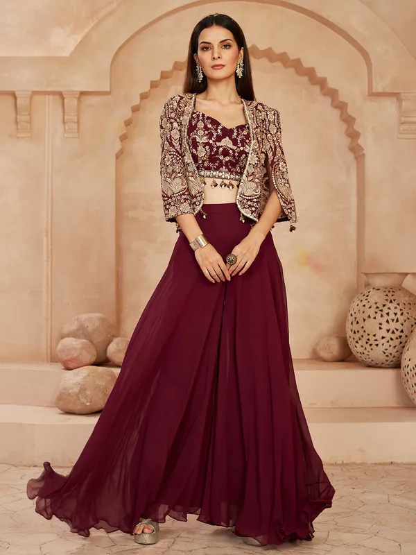 Wine georgette jacket style palazzo suit