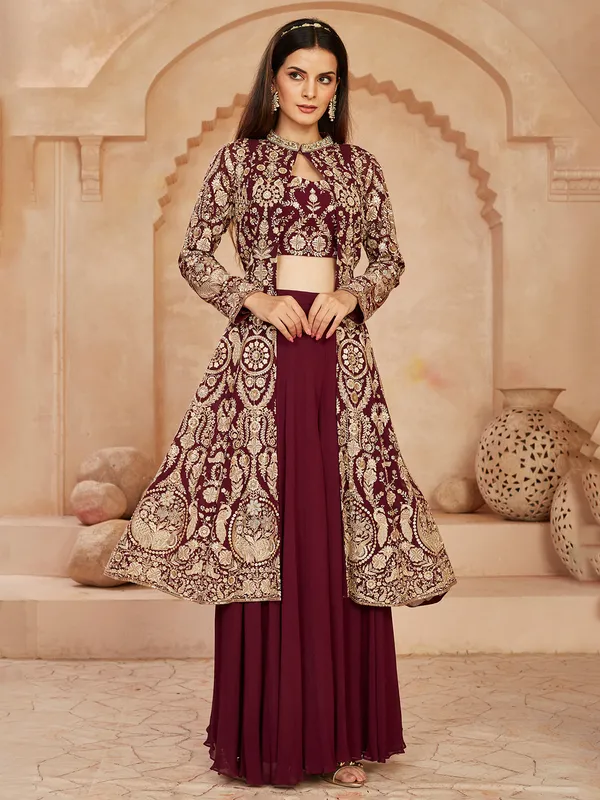 Wine georgette jacket style palazzo suit with beads