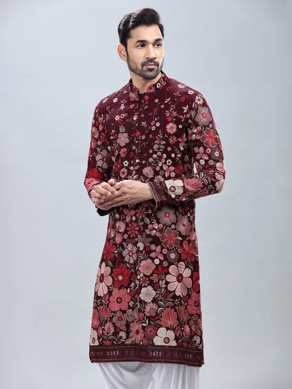 Wine georgette kurta set with multicolor embroidery