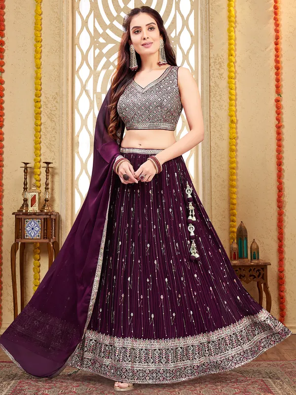 Wine georgette lehenga choli with resham worked