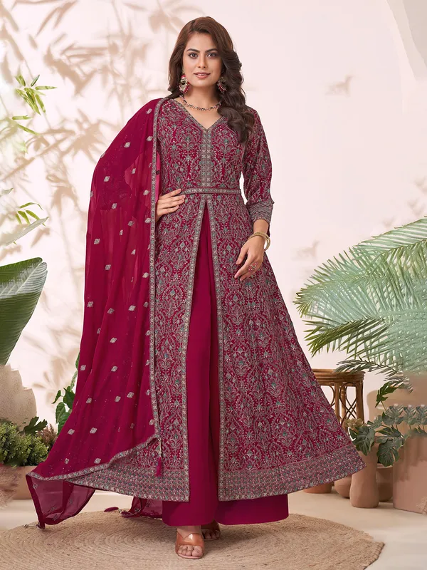 Wine georgette pakistani anarkali suit with dupatta