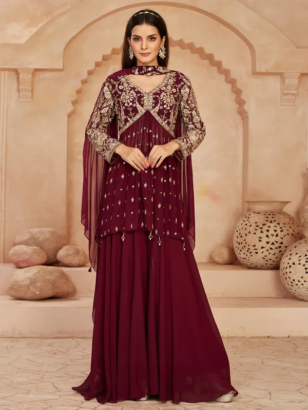 Wine georgette pakistani palazzo suit with dupatta