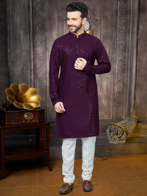 Wine georgette sequins kurta suit for men
