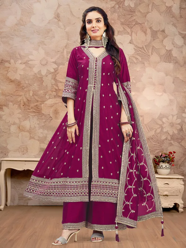 Wine pakistani silk palazzo suit with resham work