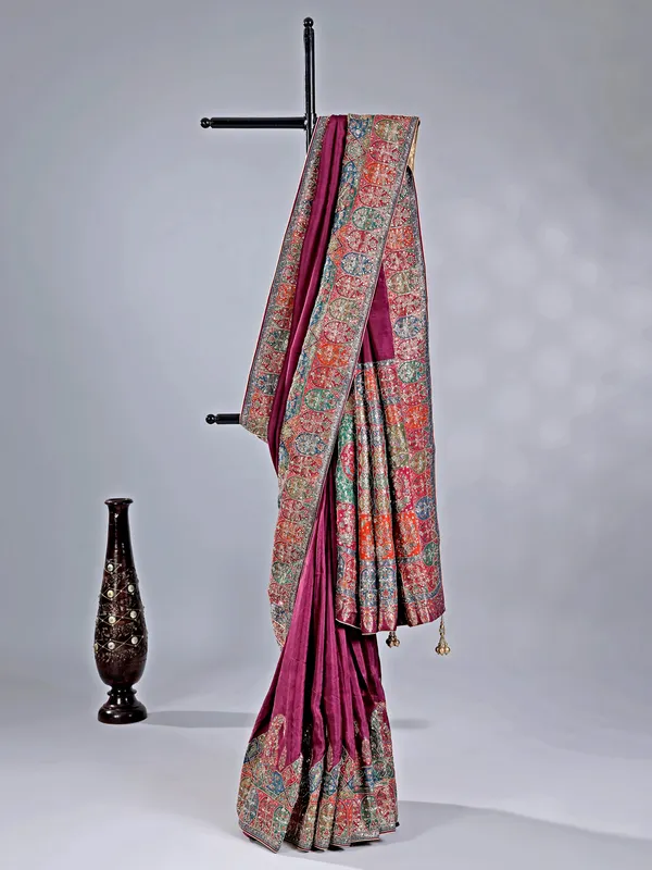 Wine pashmina silk saree for wedding events