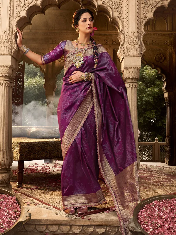 Wine printed banarasi silk saree