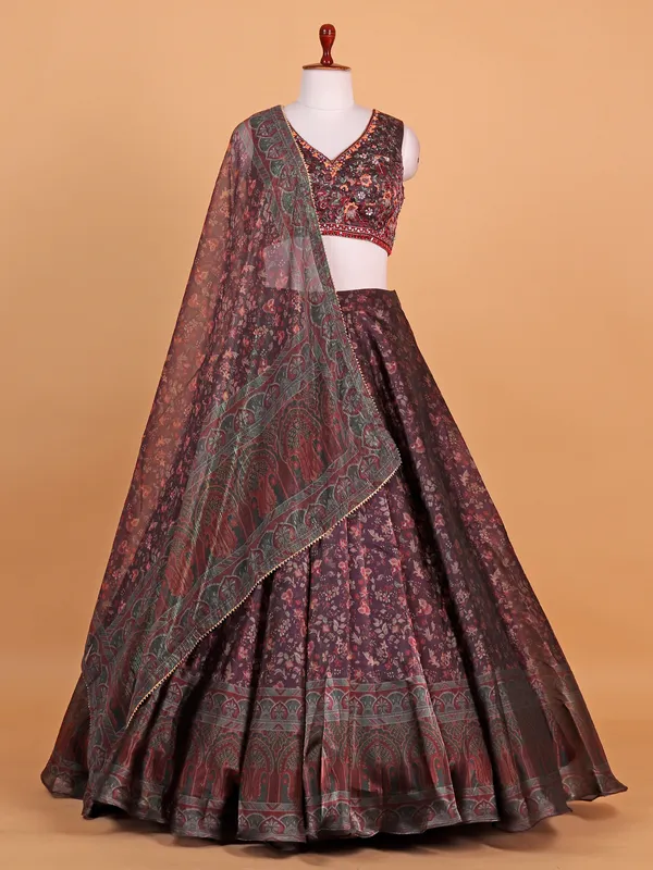 Wine printed lehenga choli in soft orgenza