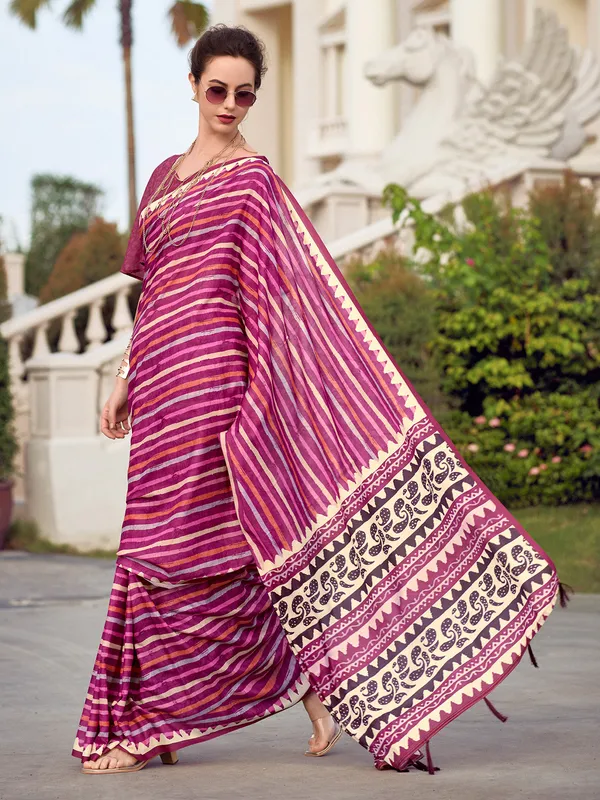 Wine printed saree in malmal silk