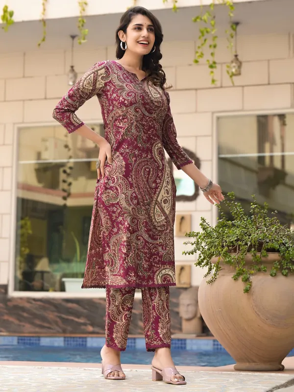Wine printed silk kurti set for women