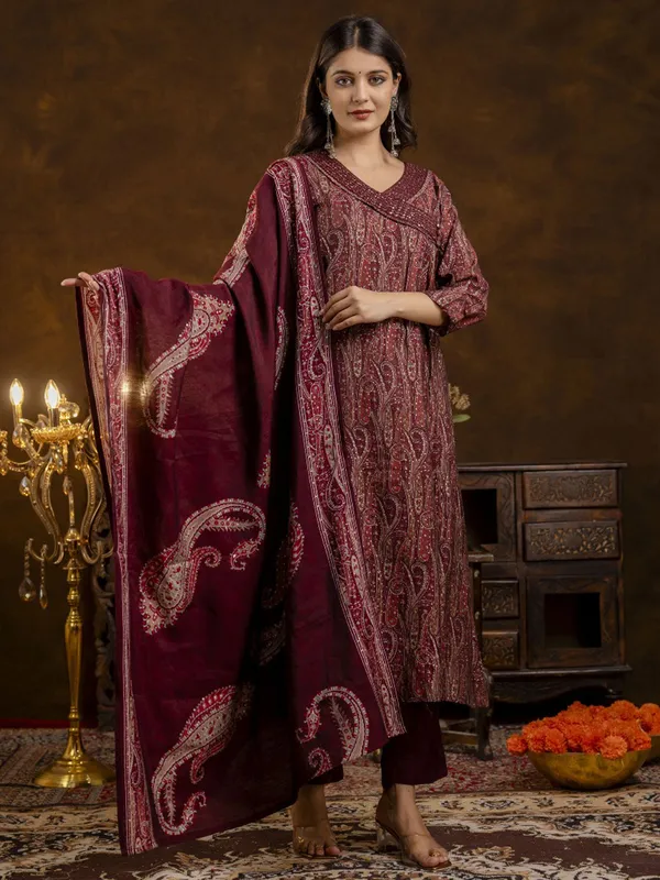 Wine printed silk kurti set with dupatta