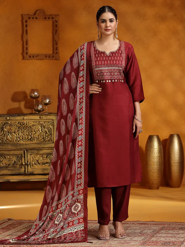 Wine printed silk salwar suit for festive