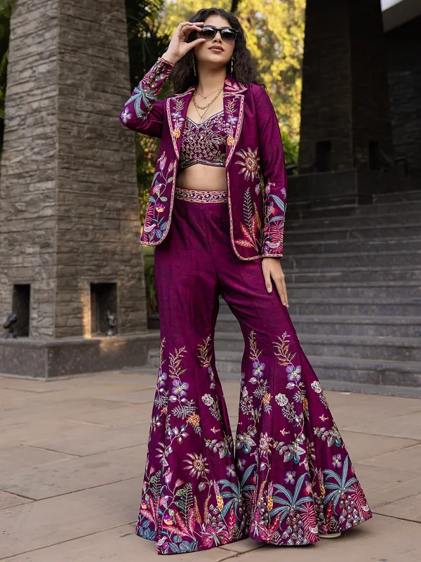 Wine raw silk jacket style palazzo suit