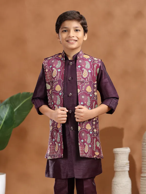 Wine raw silk waistcoat set for wedding wear