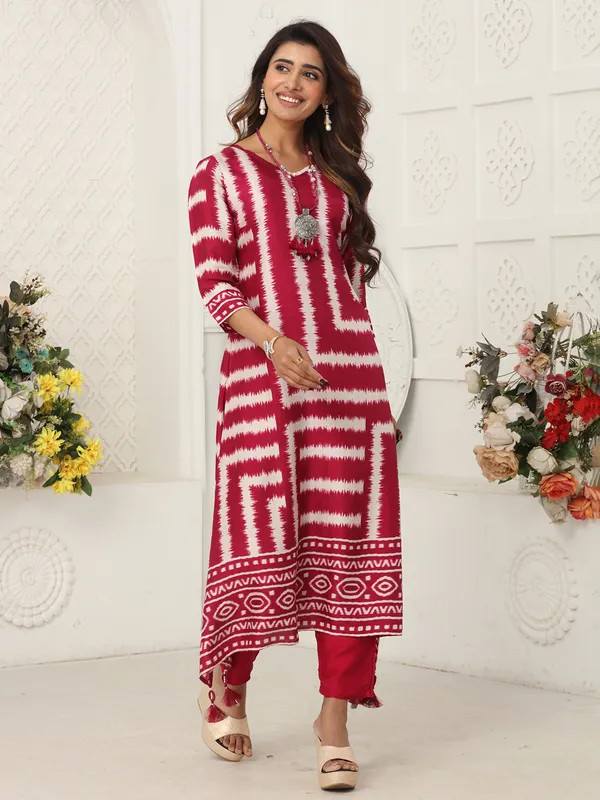 Wine russian silk kurti set with print
