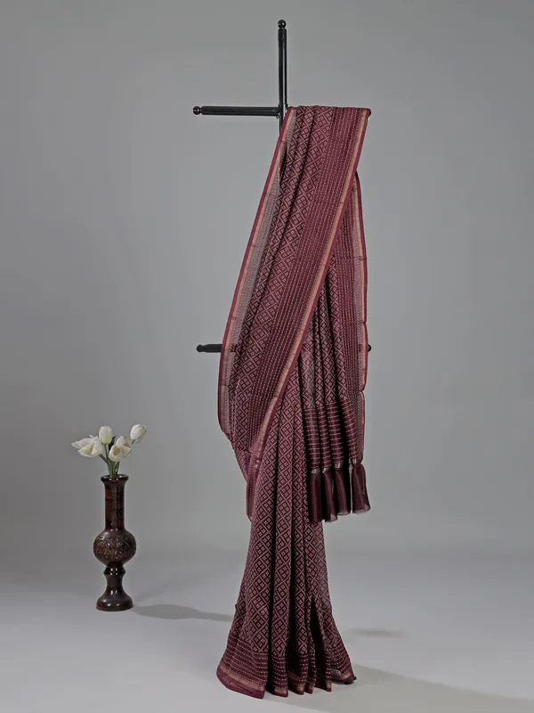 Wine semi cotton saree with thread detailing