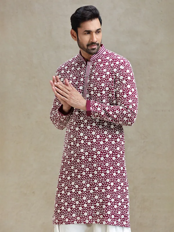 Wine shades kurta set for festive charm