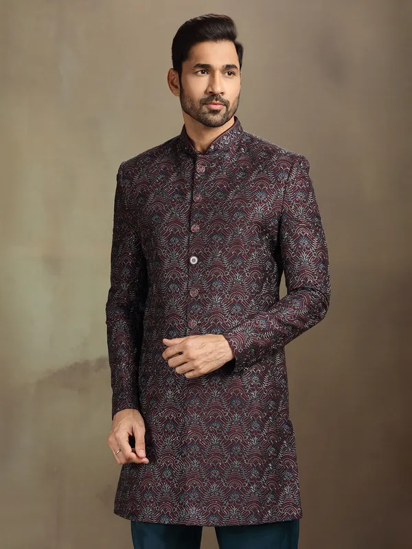 Wine silk embroidered regal indo western set