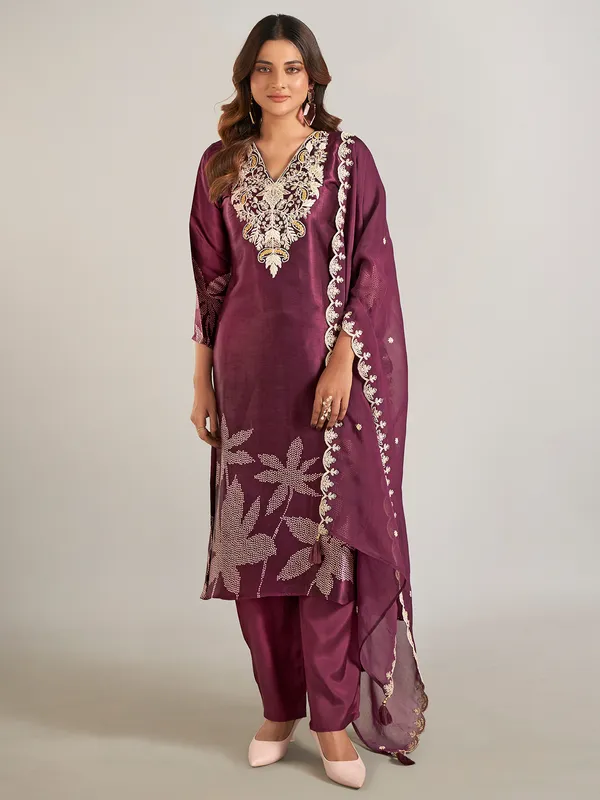 Wine silk festival wear salwar suit with dupatta