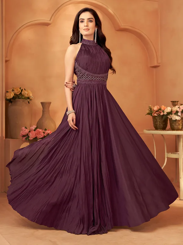 Wine silk floor length suit for party