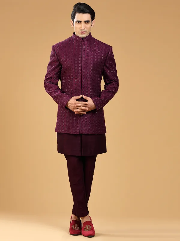 Wine silk indowestern for reception