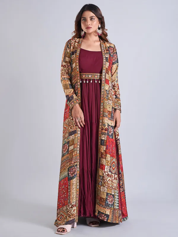 Wine silk jacket style anarkali salwar suit