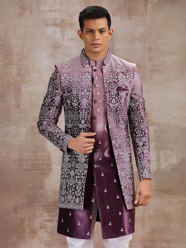 Wine silk jacket style indo western for mens