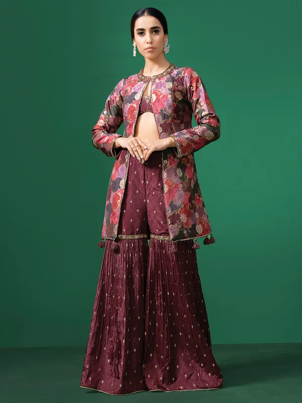 Wine silk jacket style sharara suit