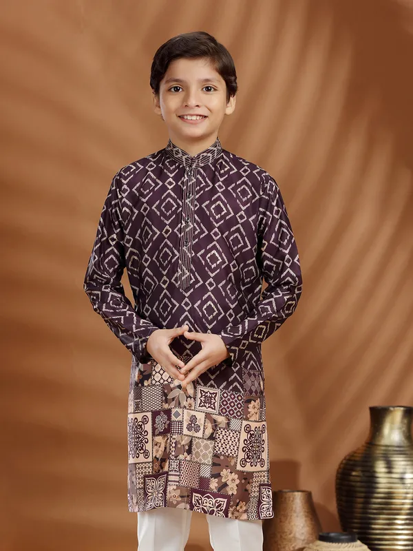 Wine silk kurta suit in printed