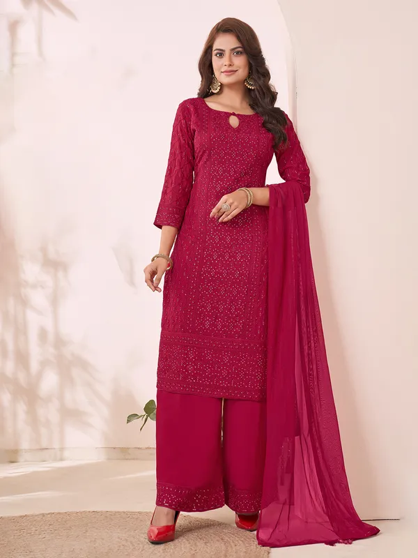 Wine silk pakistani suit with keyhole neck and dupatta