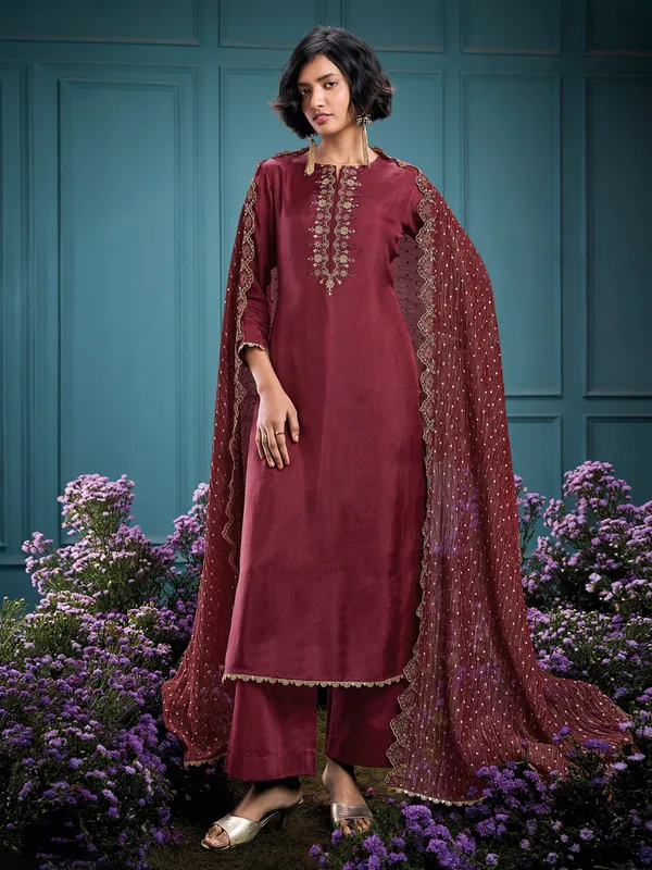 Wine silk palazzo suit with dupatta