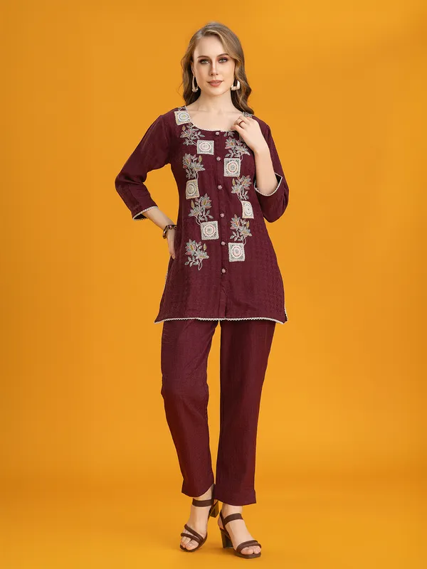 Wine silk pant co-ord set with embroidered details