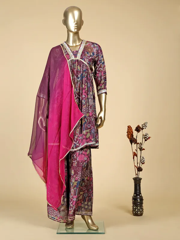 Wine silk printed sharara set with dupatta