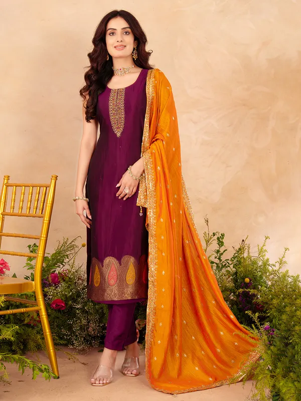 Wine silk salwar suit with dupatta for women