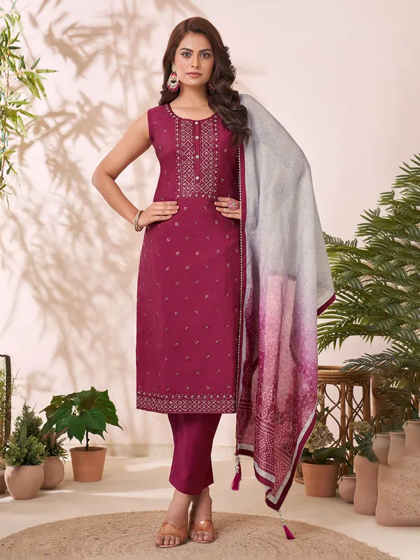 Wine silk salwar suit with embroidery and dupatta