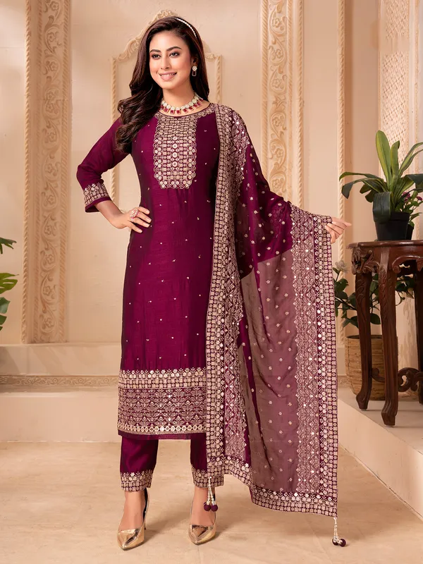 Wine silk salwar suit with resham