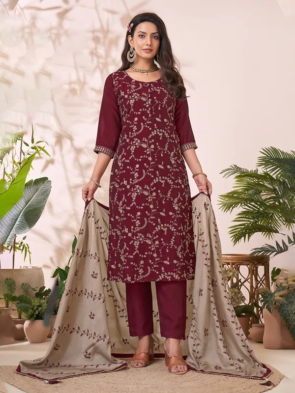 Wine silk salwar suit with resham and sequins work