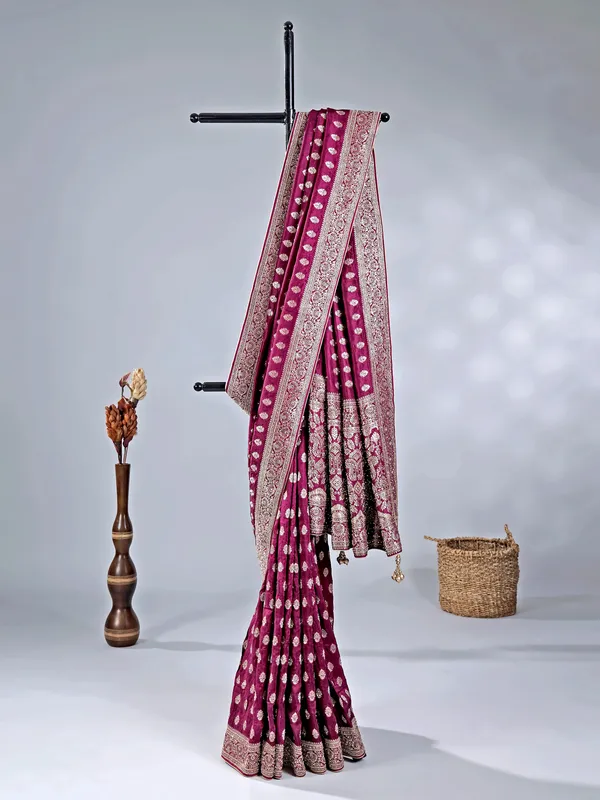Wine silk saree with classic cutdana work