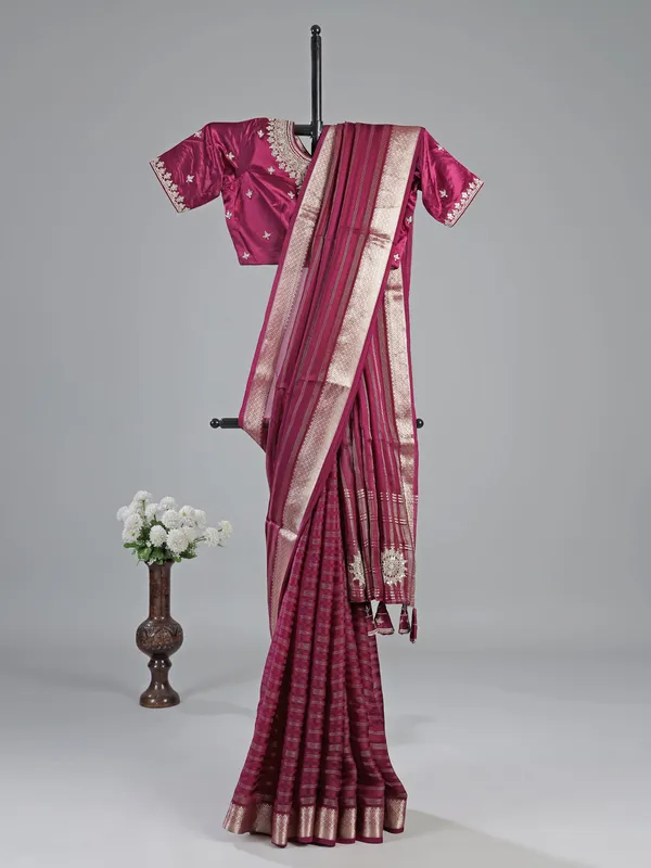 Wine silk saree with embroidered readymade blouse