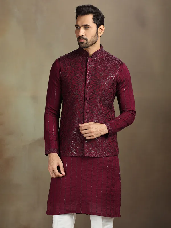 Wine silk sequin waistcoat set for men