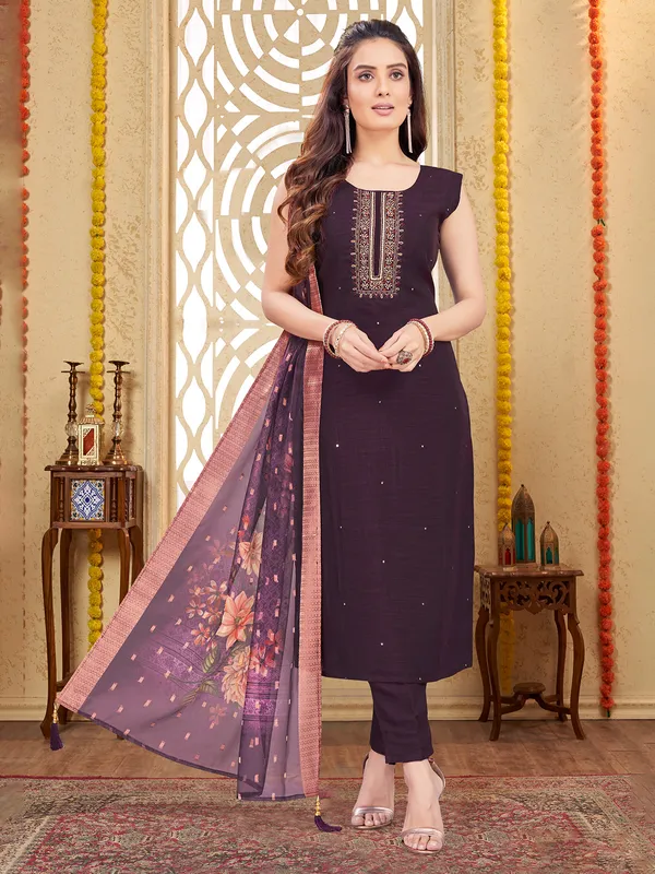 Wine silk straight cut salwar suit