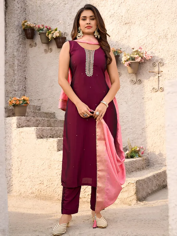 Wine silk straight cut salwar suit with dupatta