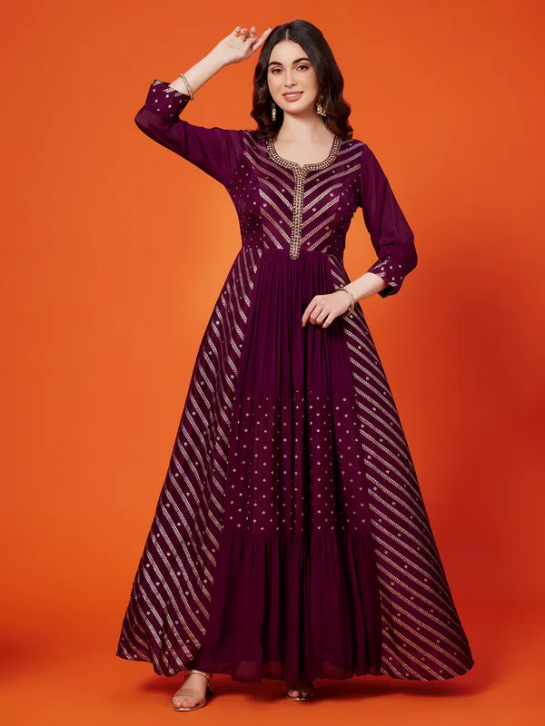 Wine silk zari weaving anarkali suit