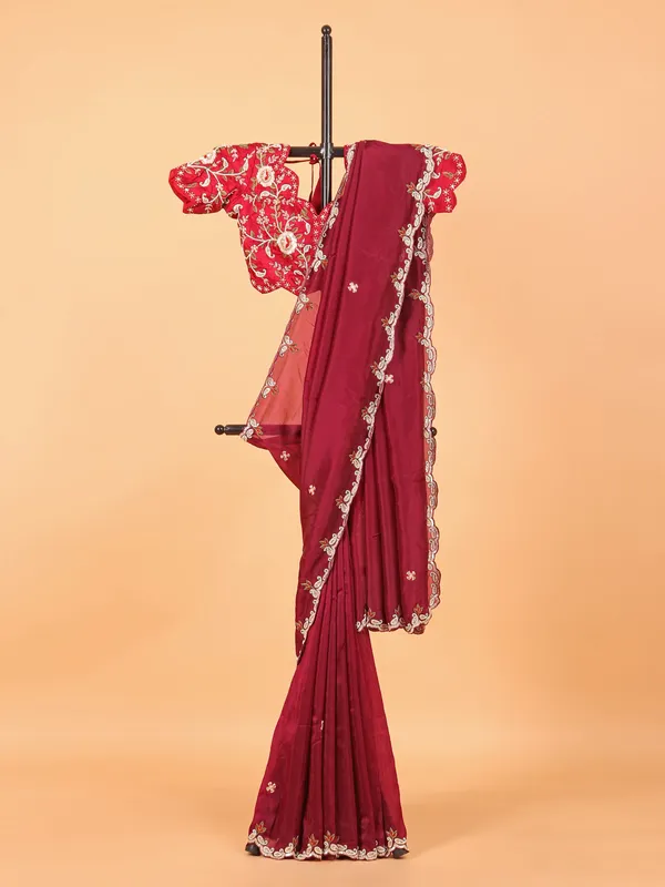 Wine soft organza saree with ready made blouse