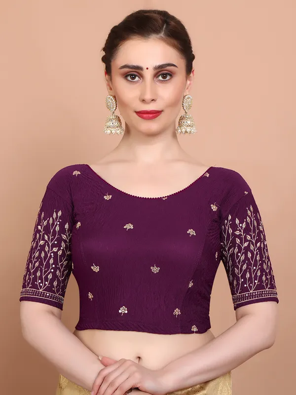 Wine strechable embroidered ready made blouse in lycra