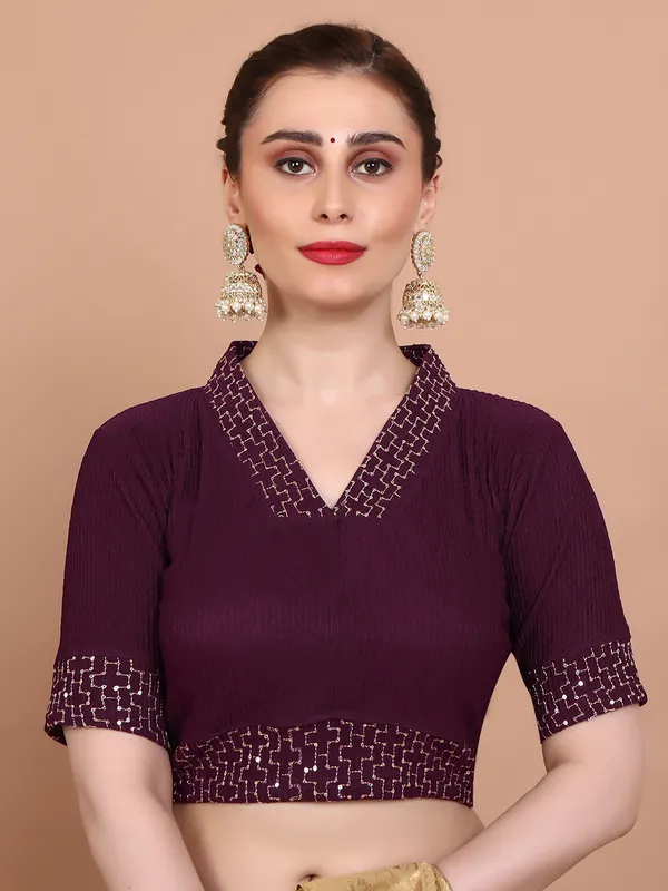 Wine strechable V neck ready made blouse in lycra